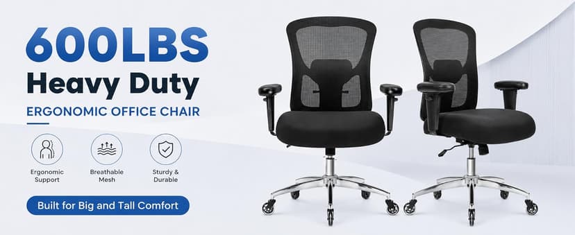 Big and Tall Office Chair 600lbs, Heavy Duty Ergonomic Mesh Chair, Computer Executive Desk Chair with Wide Thick Seat, Adjustable Armrests, Lumbar Support (Black, 601LBS) (Black, 601LBS)