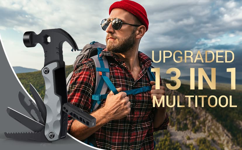 Multitool Camping Accessories Stocking Stuffers for Men Dad Gifts, 13 In 1 Survival Multi Tools Hammer Christmas Cool Gadgets for Adults Him Boyfriend Husband Grandpa Women Birthday Valentines Fathers