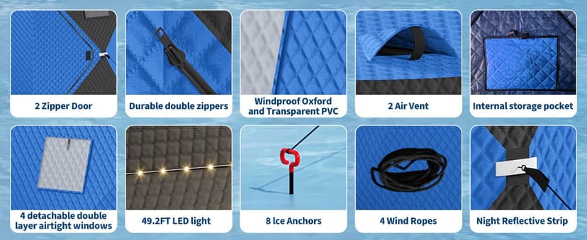 Garvee Pop Up Ice Fishing Shelter and Insulated Ice Fishing Tent with 49ft LED Light Strip, Windproof Portable Hub Design, Fits 1-8 People, 25-69 sq ft Fishable Area, Blue+Black
