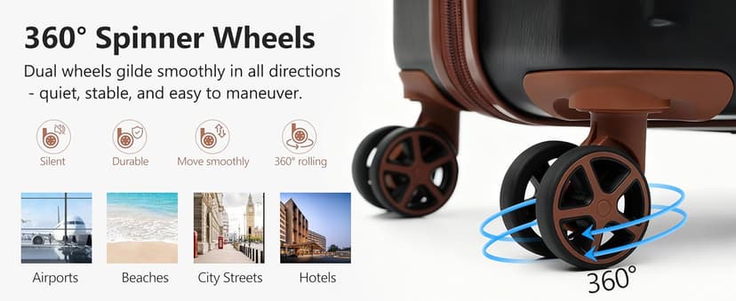 Merax Luggage Sets 3 Piece Hardshell 8 Spinner Wheels Lightweight Suitcase Corner Guards Travel Luggage (Black brown 20IN 24IN 28IN)