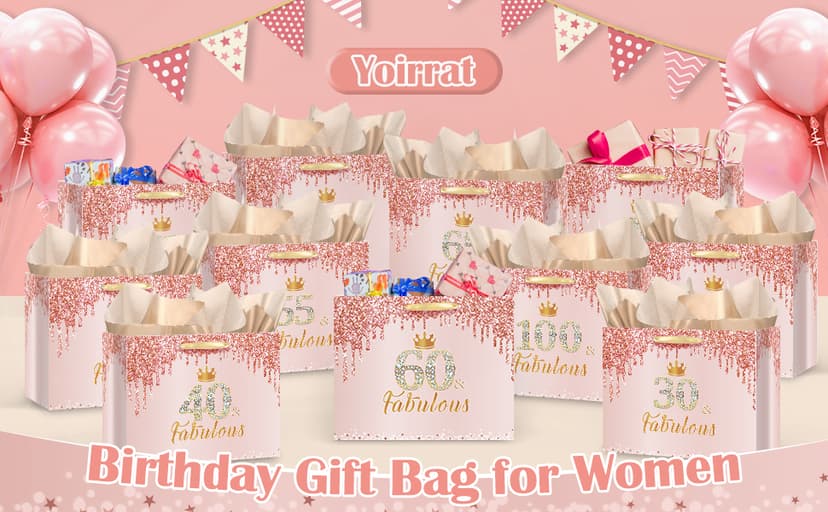 Yoirrat Rose Gold 60th Birthday Gift Bag for Women 60 & Fabulous Large Pink Happy 60th Birthday Gift Bag with Wrapping Paper and Card for 60th Bday Decorations Party Supplies