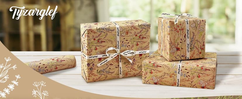 Tyzarglef Wild Flower Wrapping Paper Roll, 17 Inches x 32.8 Feet Kraft Floral Design Wrapping Paper for Women Girls Gifts, Birthdays, Weddings, Bridal Shower and Engagement B0F13926HD