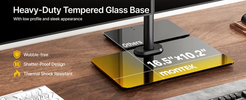 monTEK Freestanding Dual Monitor Stand with Sleek Glass Base for 17-32 inch Screens, Heavy-Duty Dual Monitor Mount Holds 22 lbs per Arm, Fully Motion Height Adjustable, VESA 75/100 MM