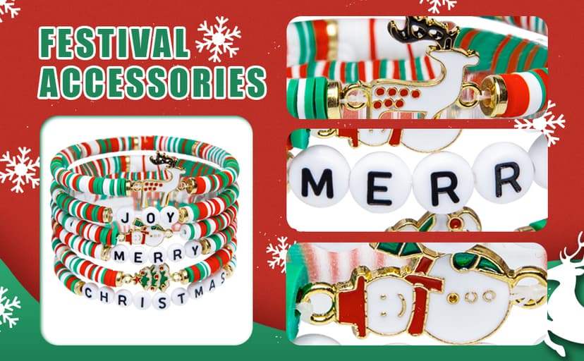Artlunar 6 Pack Christmas Bracelets: Joy & Merry Candy-Style Stacks for Women & Teens - Perfect Christmas Gifts - Age 3 to Adult