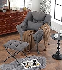 Lazy Chair with Ottoman, Modern Accent Chair with Lumbar Pillow, Dark Grey Sofa, Armchairs with Folding Footrest, Oversized Supportive Chairs for Bedroom, Reading