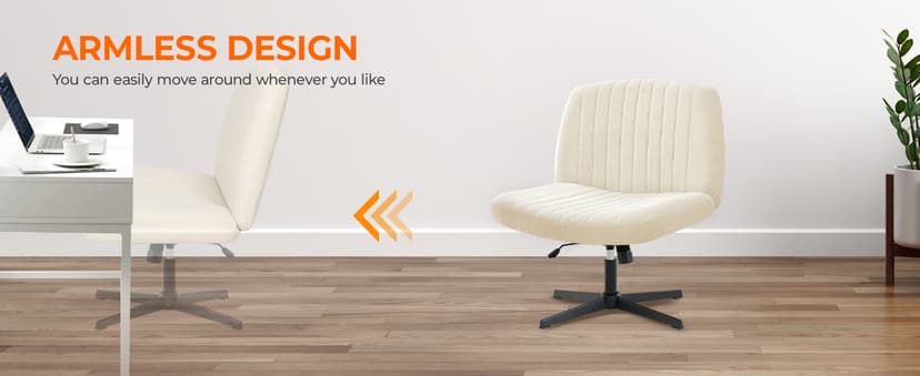 Orange Factory Criss Cross Chair No Wheel Wide Cross Legged Office Desk Vanity Chair Comfy Fabric Armless Adjustable Swivel for Home Computer Task (Beige No Wheel, Classic Fabric)