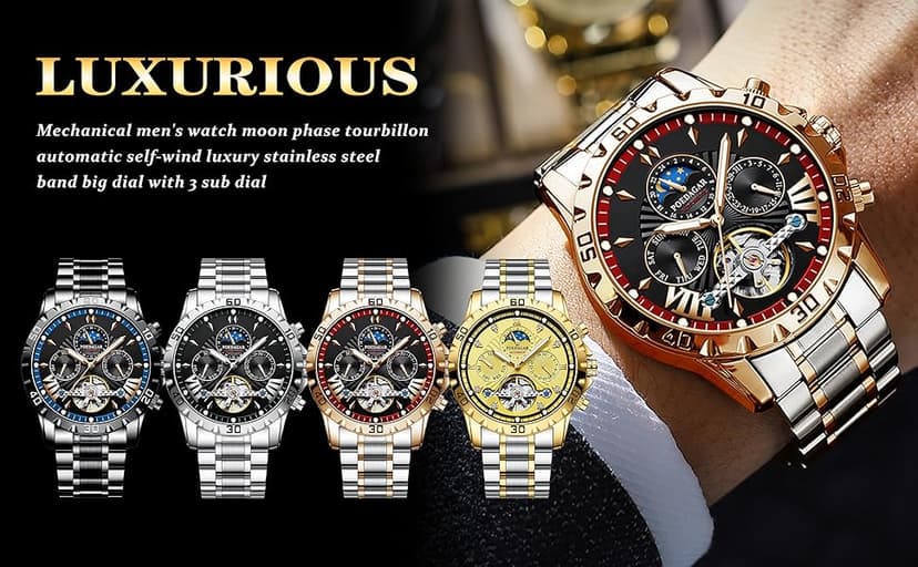 FORSINING Mechanical Men's Watch, Moon Phase Tourbillon Automatic Self-Wind Wristwatch, Luxury Stainless Steel Band 43mm Big Dial Mens Wrist Watch with 3 Sub Dial