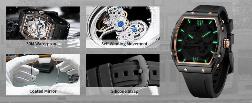 OLEVS Watch for Men Skeleton Automatic Tonneau Silicone Strap Business Luxury Waterproof Luminous Mechanical Men Wrist Watch