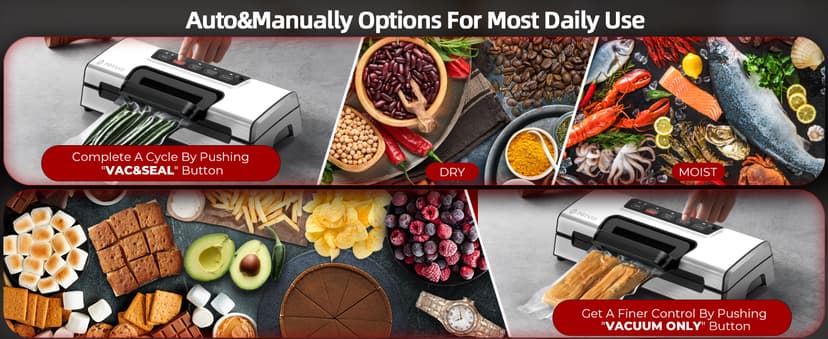 Precision Vacuum Machine,Pro Food Sealer with Built-in Cutter and Bag Storage(Up to 20 Feet Length), Both Auto&Manual Options,2 Modes,Includes 2 Bag Rolls 11”x16’ and 8”x16’,Compact Design
