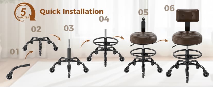 Office Drafting Chair with Footrest, Tall Height Adjustable Stool with Back Support, Heavy Duty Rolling Stool Chair with Wheels for Office Home Kitchen Bar Shop Guitar Studio Vanity, Brown