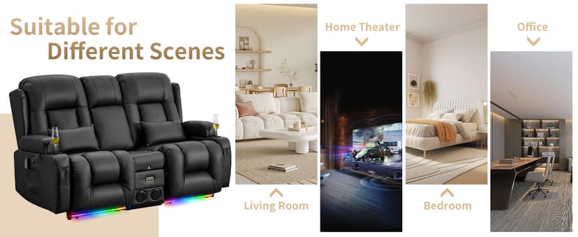URRED Power Loveseat Recliner Sofa with Massage and Heat, Wall Hugger Reclining Loveseat with Console, RV Couch Home Theater Seating with LED Lights for Living Room (Black, 67" - 2 Seats)