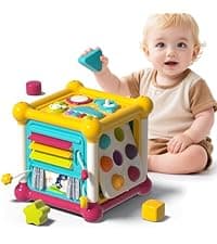 PANITU Baby Activity Cube, Cube Toys for Babies 6-12 Months, Toddler Music Busy Board with 4 Sensory Shape Blocks, 6-in-1 Educational Early Development Toy, Christmas, Birthday Gift for 1 Year Old
