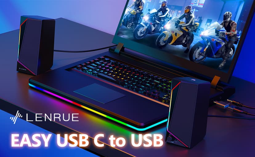 LENRUE Computer Speakers, USB/USB-C Powered PC Speakers with Loud Stereo Sound, Headphone-in for Desktop, iMac, MacBook, Laptop, Monitor (USB-C to USB Adapter Included)