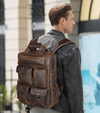 Masa Kawa Leather Backpack for Men with 16" Laptop & Camera Lens Sleeve, Multi Pockets Weekend Trip Business Travel Overnight Camping Bag, Vintage Brown