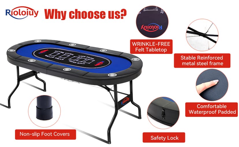 Rioloiuy 8 Player Poker Table Foldable, Texas Holdem Casino Table with Padded Rails & Cup Holders, Portable Folding Game Table for Home or Game Room, 71 Inch