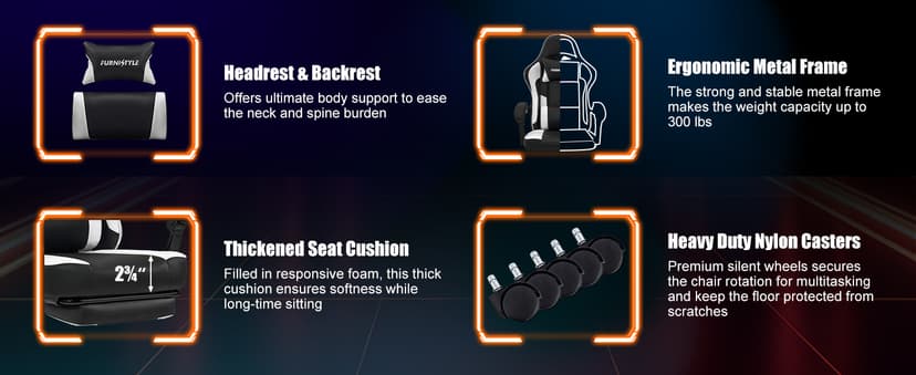 Gaming Chair with Footrest, Reclining Video Game Chairs for Adults with Lumbar Support, Linkage Armrests, Ergonomic Computer Chair for Gaming or Office, PU Black-White