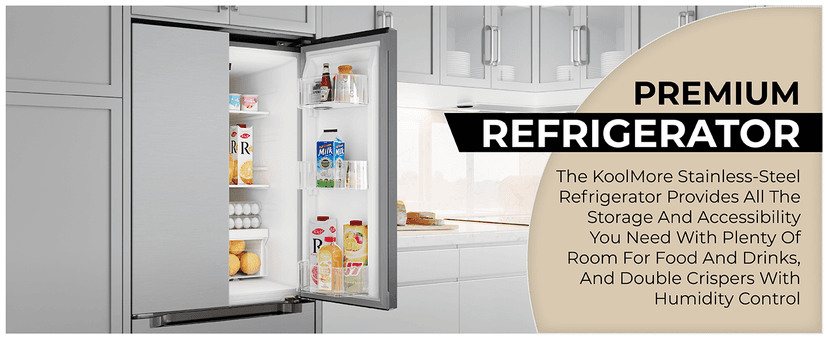 KoolMore 30-Inch and 18.5 cu. ft. Counter Depth French Door Refrigerator with Three Doors and Deep Freezer in Stainless-Steel (KM-RERFDSS-18C)