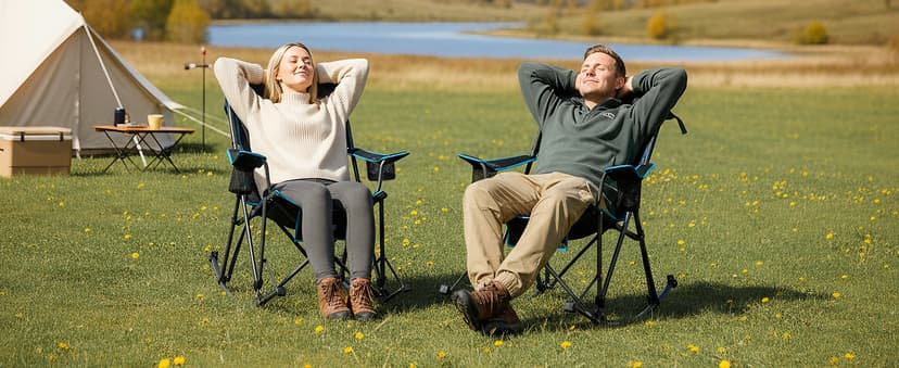 FUNDANGO Oversized Rocking Camping Chair for Adults, Portable Folding Lawn Chairs for Outside with Pillows, Wide Armrest, 2 Cup Holders, Carry Bag for Patio Garden Outdoor Supports 400Lbs (Black/Blue)