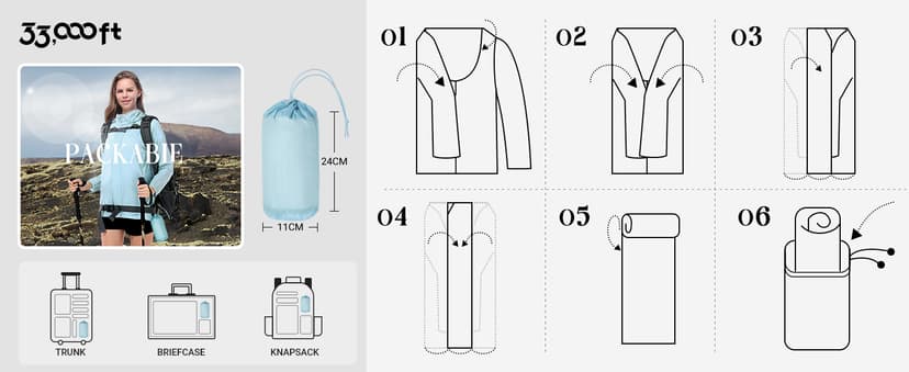 33,000ft Women's Rain Jacket Waterproof Lightweight Packable Raincoat with Hood for Golf Hiking Travel Windbreaker