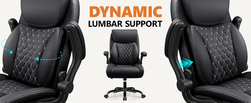 BESTFAIR Office Chair, Ergonomic Computer Desk Chairs with Lumbar Support for Lower Back Pain Relief, Executive Leather Home Chair Comfy with Padded Flip-up Armrests, Black