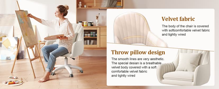 Mid Back Velvet Vanity Chair Swivel Rolling Desk Chair with Wheels, Modern Upholstered Makeup Chair for Women Girls, Computer Task Chair for Bedroom Living Room Office, White