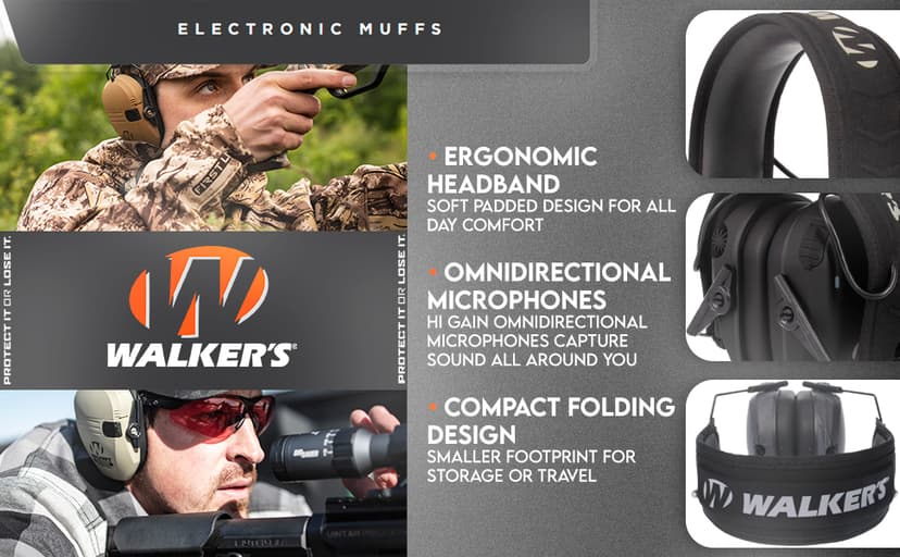 WALKER'S Ultimate Power Muff Quads - Hearing Protection Noise Reduction 26dB NRR Hunting Gun Range Shooting Electronic Earmuffs with AFT, 2 AAA Batteries Included