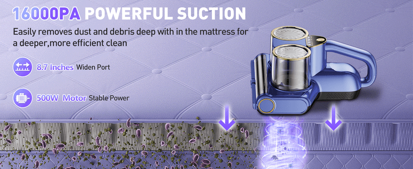Mattress Vacuum Cleaner, 16kPa Bed Vacuum Cleaner with 253.7nm UV-C Light, Ultrasonic & 140℉ Heating, Dual Cup & Widen Suction Port Handheld Vacuums for Bed, Sofa, Couch, Crib (500W, Corded)