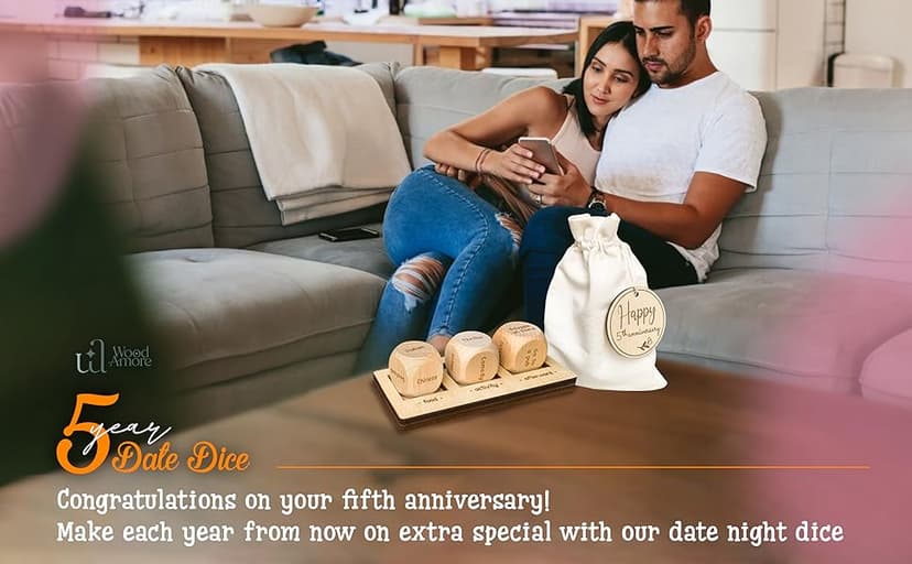 5 Year Anniversary Wood Gift for Him Her - 5th Anniversary Wedding Gifts for Wife Husband, Five Years of Marriage Date Ideas, Wooden Game Date Night Dice for Couples