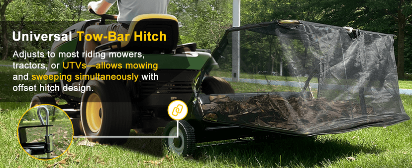 Grass One 44 Inch Tow-Behind Lawn Sweeper with 25 Cu.Ft Hopper Bag, Adjustable Brush Height & Easy Dump-from-Seat – Picks Up Leaves, Grass & Yard Debris, Garden Gift