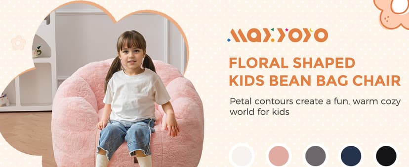 MAXYOYO Kids Bean Bag Chair, Floral Shaped Bean Bag Sofa, Plush Faux Fur Toddler Couch with Petal Backrest for Boys Girls, Stuffed Cozy Sofa for Nursery, Bedroom, Pink