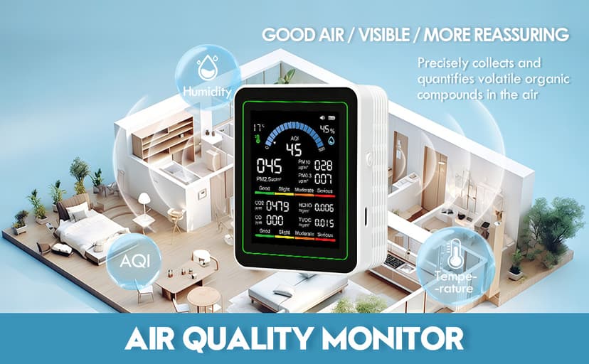 10 in 1 Indoor Air Quality Monitor, Portable Smartair Indoor Air Quality Tester, Portable Real-Time Detector, with AQI Fit for Home Cars Hotel Plants and Pets-White