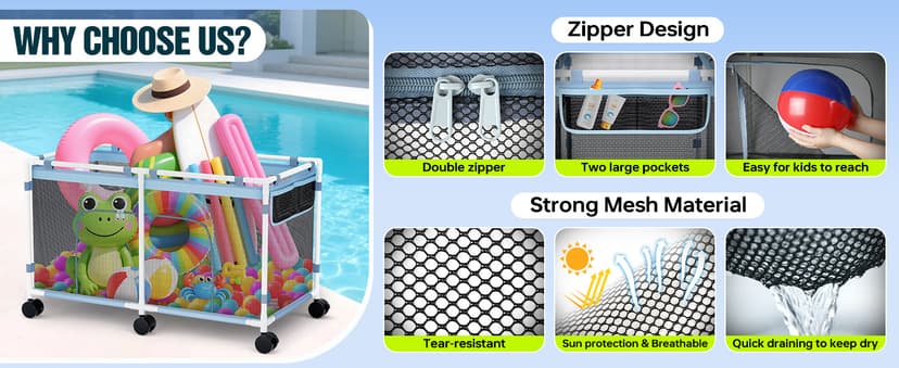 Pool Float Storage - Outdoor Pool Toy Storage Organizer for Pool Noodles, Toys, Floats, Beach Balls, and Equipment, Above Ground Pool Accessories, Rolling Outdoor Pool Storage Bin with Zipper Design