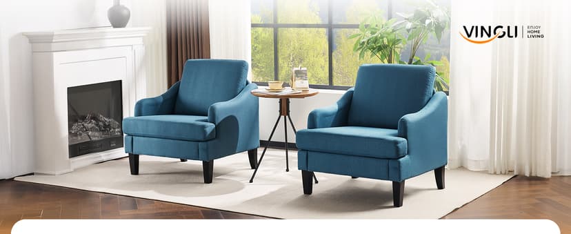 VINGLI Linen Fabric Accent Chair Navy Blue, Modern Upholstered Armchair, Comfy Sofa Chair Living Room Bedroom Furniture for Apartment
