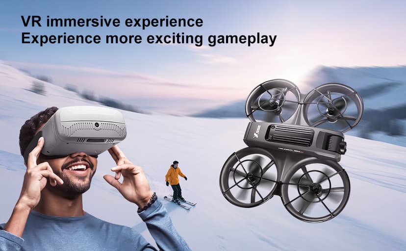 VR FPV Drone, Experience First-Person View Flight, Comes With a VR Goggle Kit and Remote Controller. The Drone Features a Full Propeller Protection Guard and Collision-Resistant Structure, Making It Easy to Operate and Perfect for Beginners. Equipped With an Optical Flow Positioning System and Brushless Motors for Smoother and More Precise Flight. FPV Quadcopter for Entertainment or as a High-Performance Remote Control Helicopter.