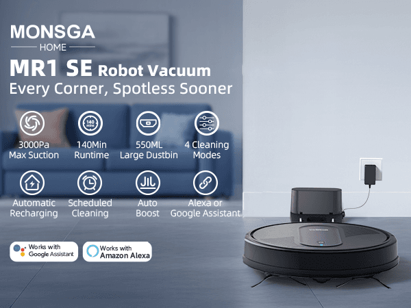 MONSGA Robot Vacuum Cleaner, 4000Pa Powerful Suction Robotic Vacuum, 3.2" Super-Slim, 140Min Runtime, Vacuum Robot for Hard Floor/Low Pile Carpet/Pet Hair, Remote/App/Voice Control, Schedule Clean