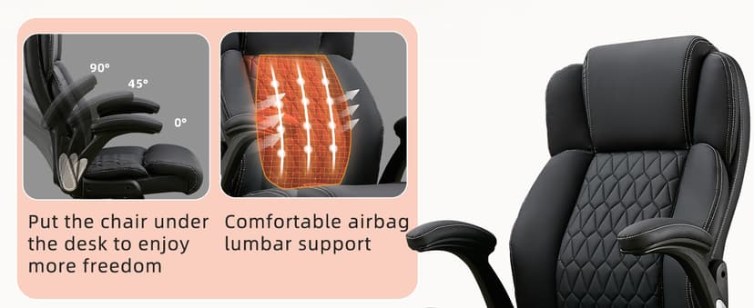 700lbs Big and Tall Office Chair - Heavy Duty Executive Desk Chair with Inflatable Lumbar Support, Extra Wide Padded Seat, Flip-up Arms, Metal Base & Quiet Rubber Wheels, High Back Ergonomic Chair