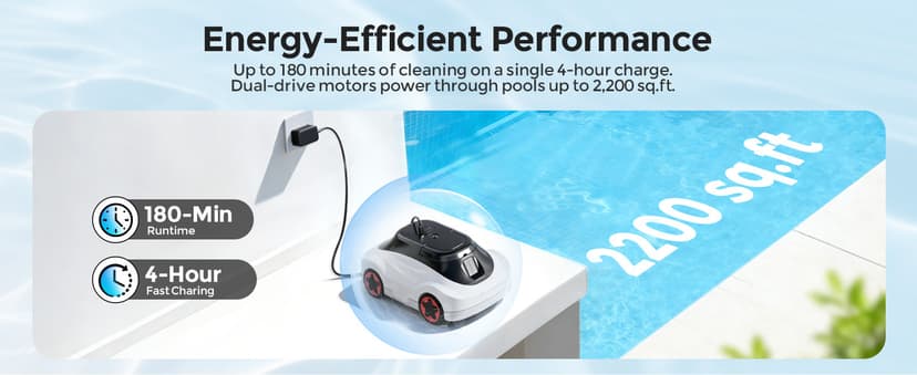 C5 Cordless Robotic Pool Cleaner with 180-Min Runtime, 2.7L Large Filter Basket & Self Parking, Pool Vacuum for Above-Ground Flat Pools up to 2200 Sq.Ft