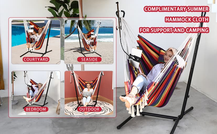 ZEYU Hammock Chair with Stand Double Hammock Chair Bohemian Style with Tassel Mobile Phone Support Manual Adjustable Swing Indoor and Outdoor Garden Porch with Floor mat Reclining Capacity 400 pounds