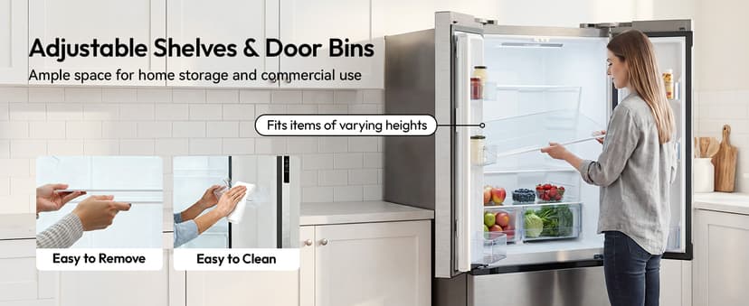 18 Cu.Ft. French Door Refrigerator with Ice Maker, Refrigerator with Freezer Drawer, Frost-Free, UL Certified, French Door Fridge with 3 Smart Cooling Modes