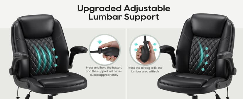 MALOL Leather Office Chair, Computer Desk Chair with Adjustable Lumbar Support, Thick Cushion, Flip-Up Arms and Ergonomic Back, Comfy Executive Office Chair for Home Office Gaming,Black