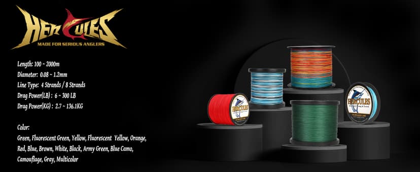 HERCULES Cost-Effective Super Cast 8 Strands Braided Fishing Line 10LB to 300LB Test for Salt-Water,109/328/547/1094 Yards(100M/300M/500M/1000M),Diam.#0.12MM-1.2MM,Hi-Grade Performance,Variety Colors