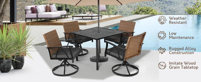 5-Piece Patio Dining Set for 4,Outdoor Dining Set with Wicker Swivel Patio Dining Chairs with Cushions & 1 Black Square Woodgrain Dining Table with 1.75”Market Umbrella Hole, Black & Brown