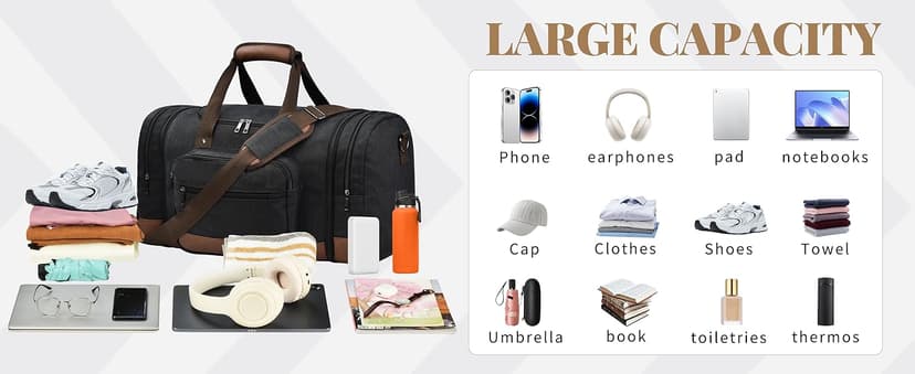 Litvyak Duffle Bag for Travel, 50L Canvas Travel Duffel Bags Overnight Weekend Gym Carry On Luggage Bag for Men & Women(Black)