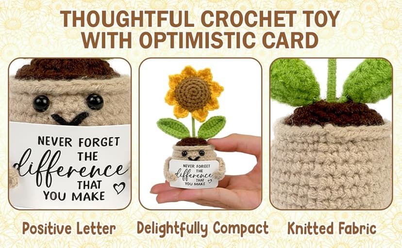 Mini Positive Crochet Sunflower, Cute Cheer Up Gifts for Women, Crochet Plant with Optimistic Card for Nurse Teacher Boss, Thank You Gifts for Friends, Coworker and Sunflower Decor