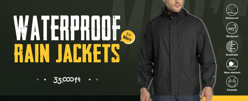 33,000ft Packable Rain Jacket Men's Lightweight Waterproof Rain Shell Jacket Raincoat with Hood for Golf Cycling Windbreaker