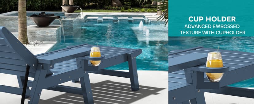 SERWALL Patio Chaise Lounge Chair Set of 2, 78'' Long 5-Positions Adjustable HDPE Outdoor Lounger for Pool, Poly Lounge Chair with Rolling Wheels & Cup Holder for Poolside, Deck, Blue