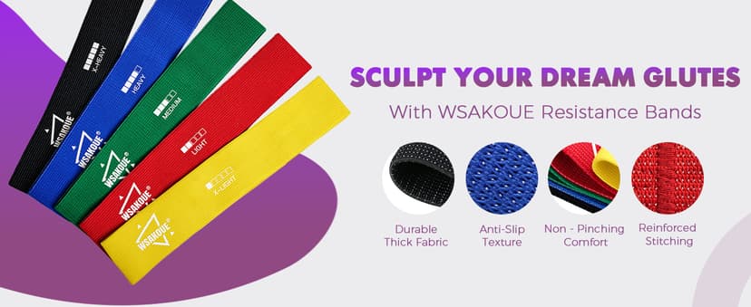 WSAKOUE Fabric Resistance Bands for Working Out – 5 Booty Bands for Women & Men, Exercise Workout Bands for Legs, HIPS & Glutes – Ideal for Home Fitness, Yoga, Pilates & Rehab