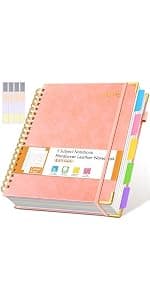 Hardcover Spiral Notebook journal with Removable Dividers Tabs, 300 Pages Leather 5 Subject Notebook College Ruled, 8"x10" Large B5 Notebooks for Work School Note taking, Lined Journal for Women,Pink B0D44Y2NSF