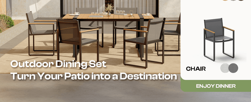 Outdoor Dining Set, HDPS + Aluminum Patio Table and Chairs Set with U-Shaped Base, 7 Piece Outdoor Furniture Set with Umbrella Hole, Patio Dining Table Set for Garden, Backyard (Gray-Teak)
