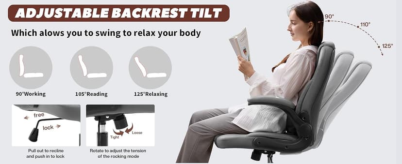 Executive Office Chair PU,Leather Office Chair with Wheels,360° Swivel Rolling Chair with Padded Arms,Ergonomic Computer Chair with Lumbar Support for Short People Use (Grey)
